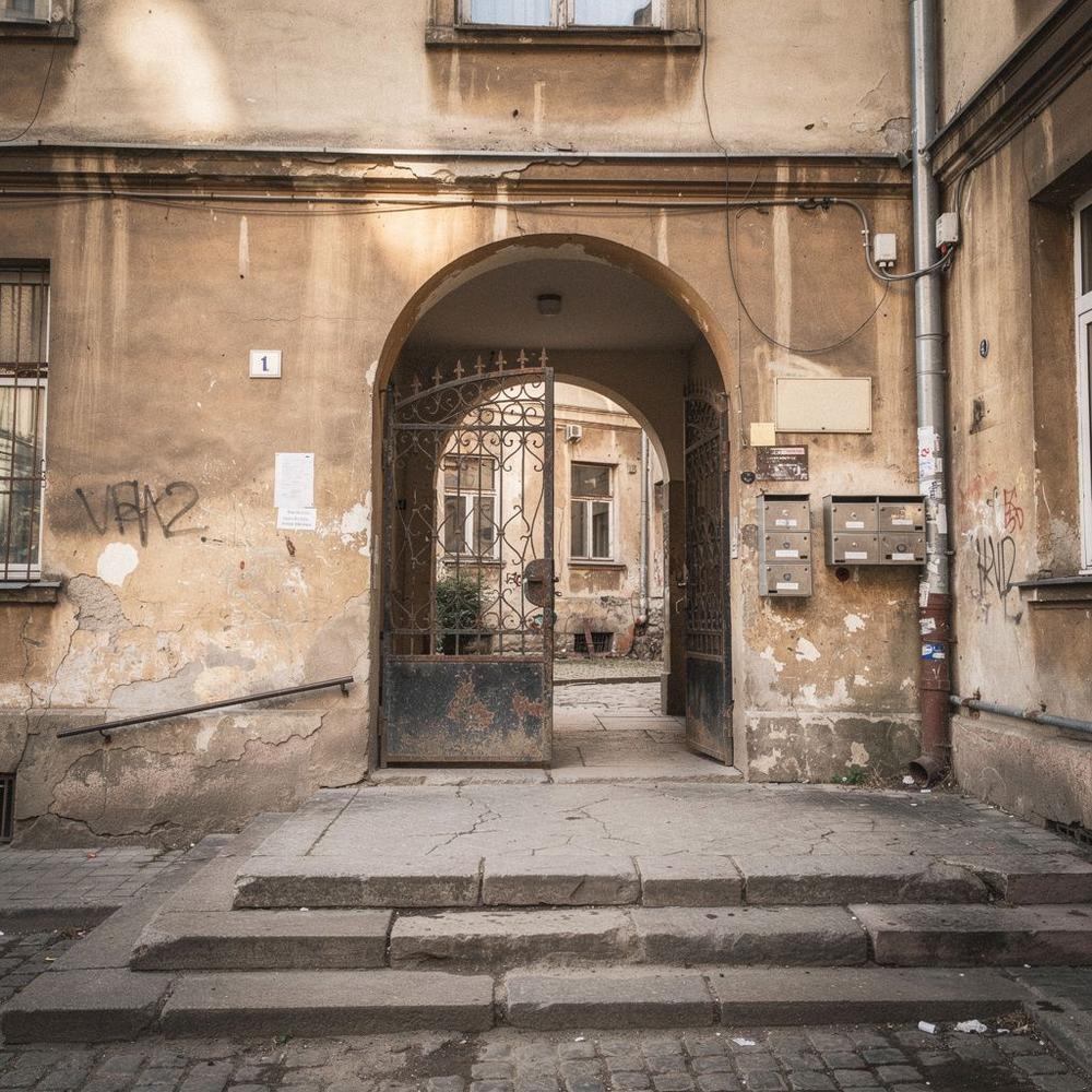 Courtyard entrance of an older apartment building in central Lviv